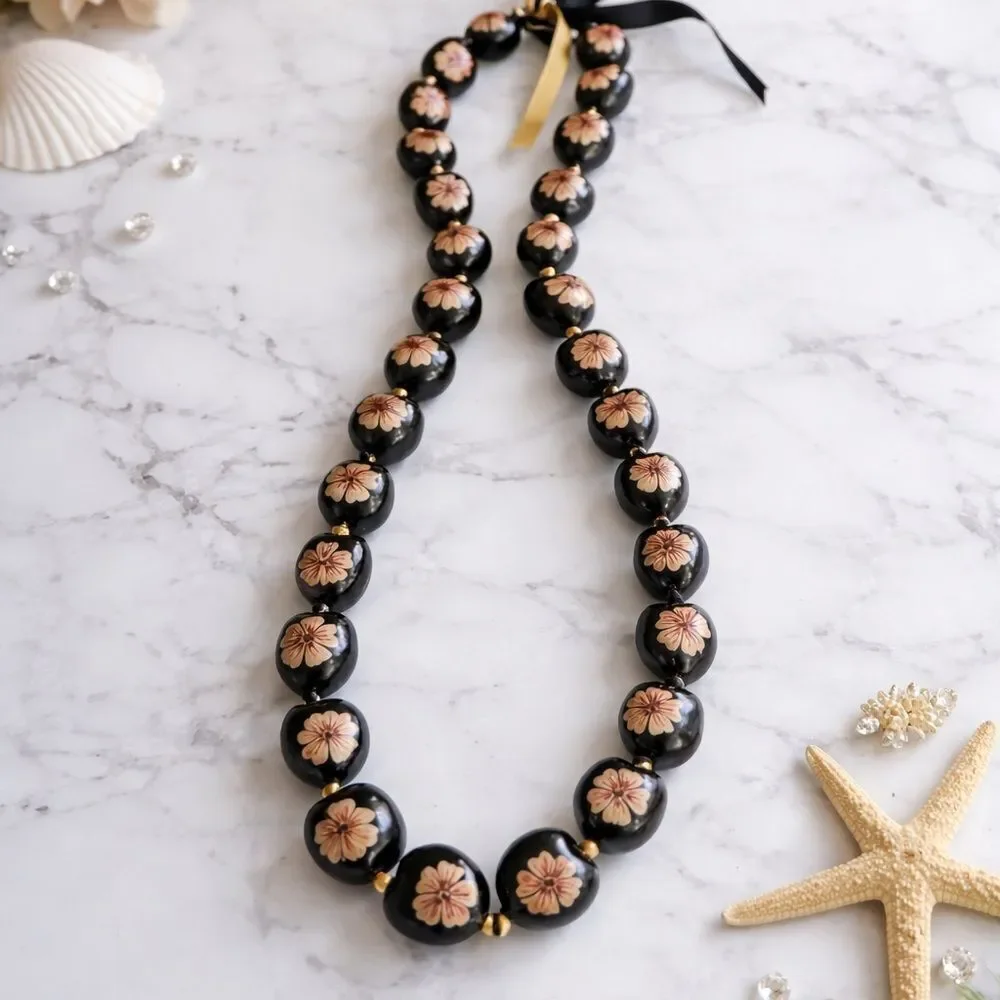 Kukui Nut Lei Pink Hibiscus Flower Necklace Graduation Wedding Hawaiian Luau